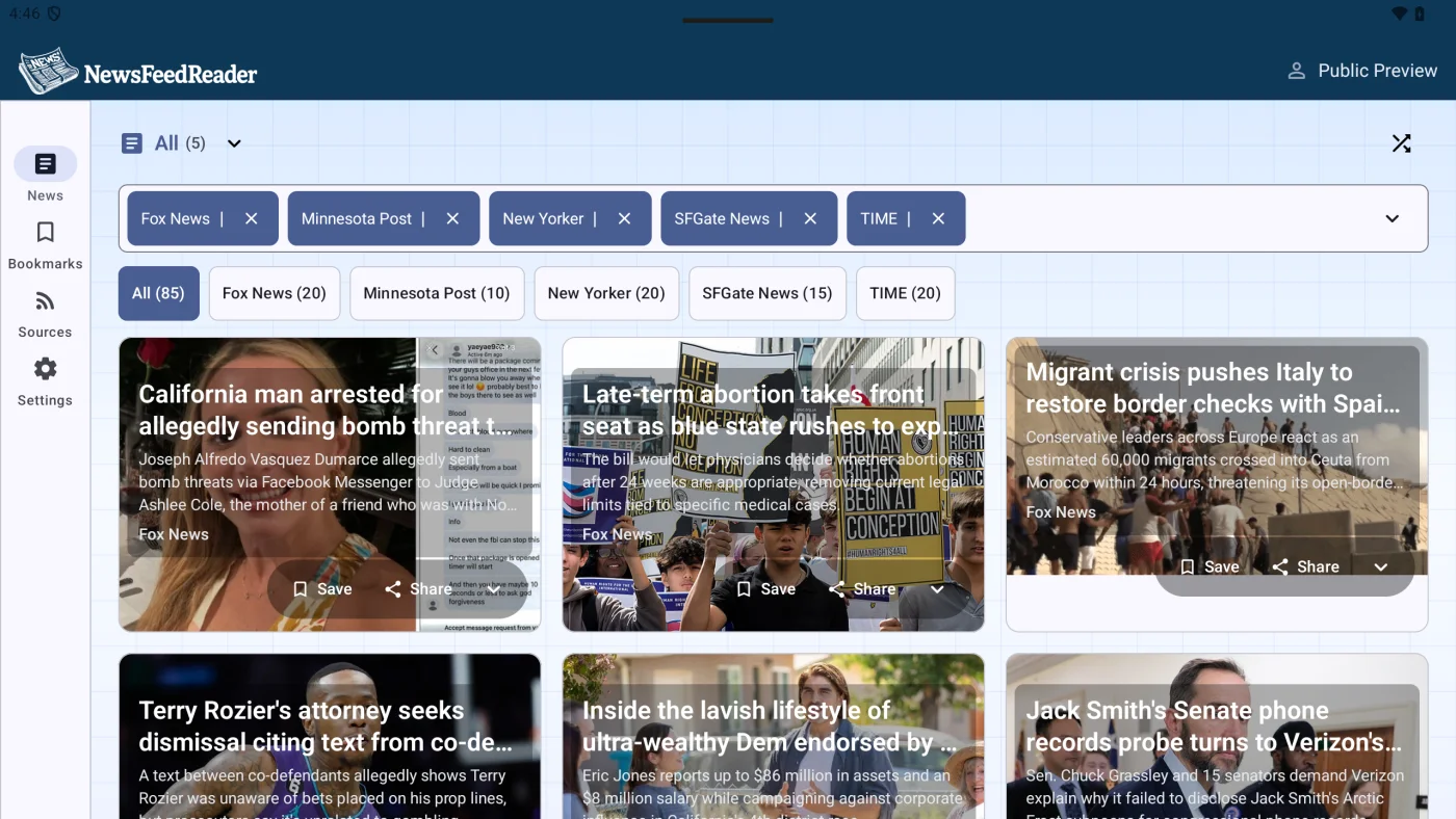 NewsFeedReader tablet view with source filters, article cards, bookmark controls, and sharing controls