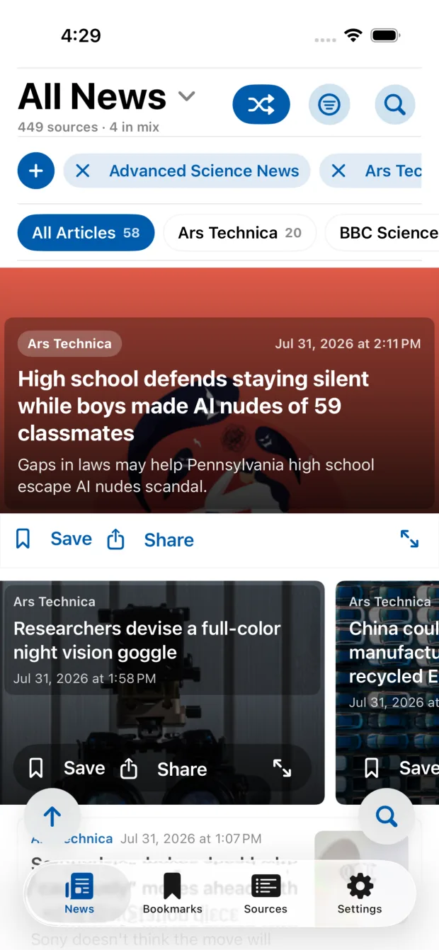 NewsFeedReader on iPhone with source controls, article cards, Save, and Share actions