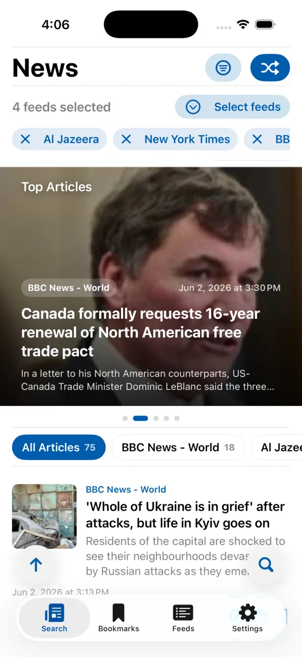 NewsFeedReader iOS personalized news search page